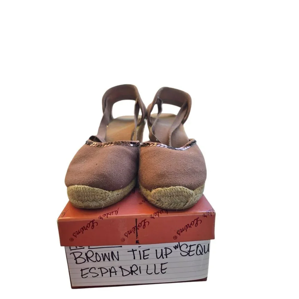 Women's Size 7 Brown With Sequins Tie Up Espadrille